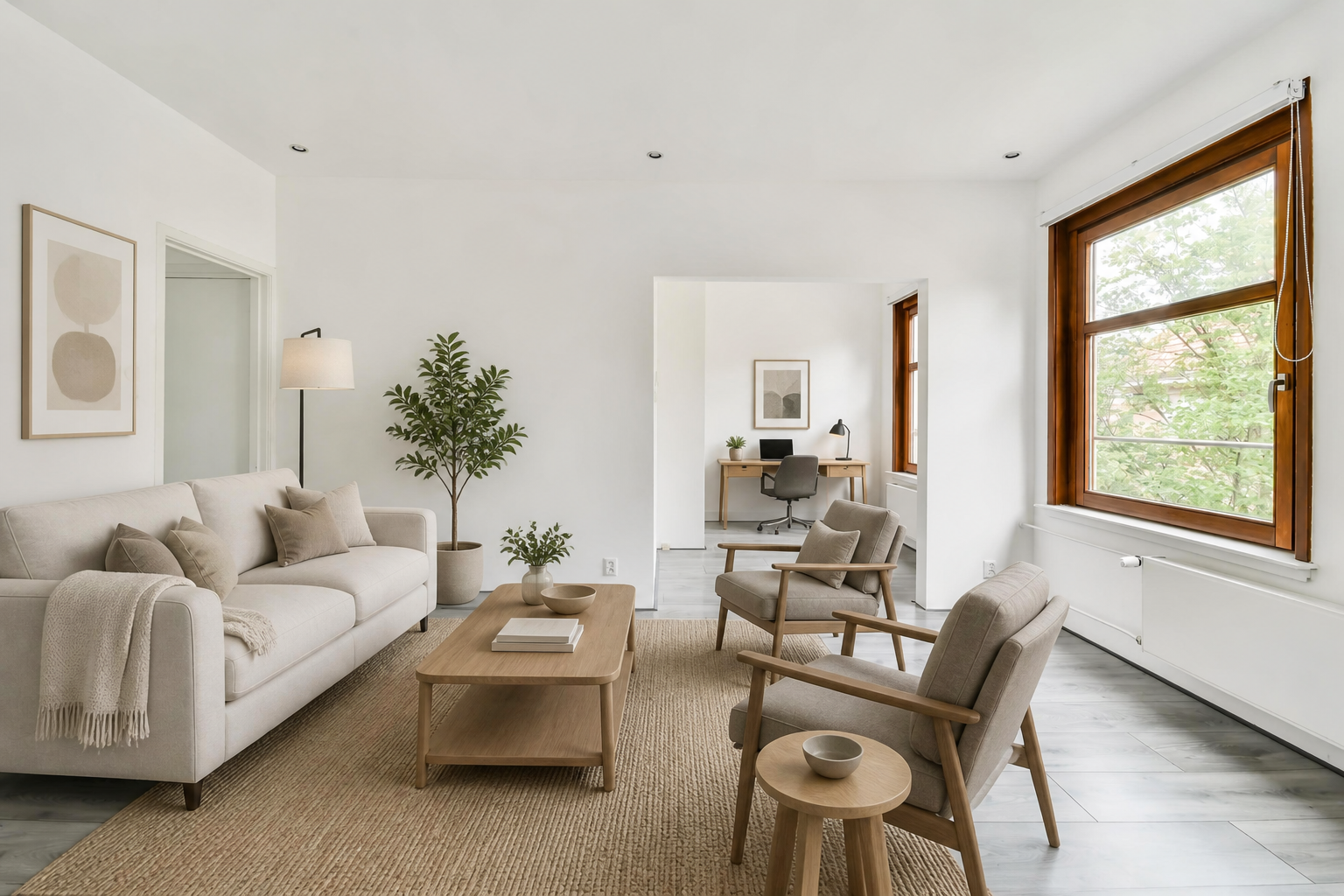 Professionally staged sunlit open living room